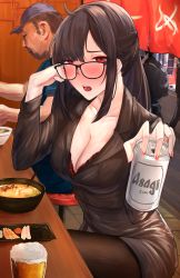 Rule 34 | 1girl, absurdres, alcohol, asahi breweries, beer, beer can, black hair, black pantyhose, blush, bra, braid, brand name imitation, breasts, can, cleavage, collarbone, drink can, drunk, food, giving, hand on own face, highres, holding, holding can, indoors, large breasts, long hair, long sleeves, nail polish, naokomama, noodles, office lady, open mouth, original, pantyhose, ramen, red bra, red eyes, red nails, sitting, underwear