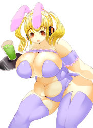 Rule 34 | 1girl, absurdres, animal ears, bare shoulders, blonde hair, blush, breasts, bursting belly, bursting breasts, cleavage, fat, headphones, highres, huge breasts, nitroplus, open mouth, orange eyes, plump, rabbit ears, smile, solo, super pochaco, superladittu, thick thighs, thighs, twintails