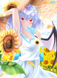 Rule 34 | 1girl, alternate costume, arm up, armpits, artist name, bare arms, bat wings, blue hair, blue sky, blurry, blurry foreground, bokeh, breasts, cloud, commentary, cowboy shot, day, depth of field, flower, food, hair flower, hair ornament, hand on headwear, hat, highres, holding, holding food, leaf, looking at viewer, petals, popsicle, red eyes, remilia scarlet, shirt, short hair, skirt, sky, sleeveless, sleeveless shirt, small breasts, solo, standing, straw hat, sumishi (sumisi 3), summer, sunflower, sunflower hair ornament, touhou, white shirt, white skirt, wings