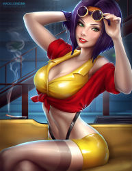Rule 34 | 1girl, adjusting eyewear, arms up, artist name, black thighhighs, breasts, cigarette, collared shirt, commentary, cowboy bebop, crop top, deviantart username, eyewear on head, unworn eyewear, faye valentine, glasses, grin, highres, large breasts, lipstick, looking past viewer, madeleine bellwoar, makeup, navel, nose, parted lips, pinup (style), purple hair, red lips, round eyewear, shiny clothes, shirt, short hair, shorts, sitting, smile, smoke, solo, stomach, sunglasses, sunglasses on head, sunglasses removed, teeth, thighhighs, watermark, web address, yellow shirt, yellow shorts