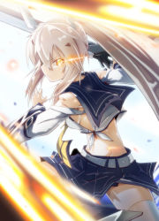 Rule 34 | 1girl, ayanami (azur lane), azur lane, bandaid, bare shoulders, belt, blue sailor collar, blue skirt, blurry, blurry foreground, breasts, commentary request, crop top, day, detached sleeves, fighting stance, glowing, glowing eye, hair between eyes, hair ornament, hairclip, hands up, headgear, high ponytail, highres, holding, holding sword, holding weapon, light brown hair, long hair, long sleeves, looking at viewer, midriff, miniskirt, navel, no bra, outdoors, pleated skirt, ponytail, remodel (azur lane), sailor collar, school uniform, serafuku, serious, shirt, sidelocks, skirt, slashing, sleeveless, sleeveless shirt, small breasts, solo, sword, tenteru, thighhighs, v-shaped eyebrows, water, weapon, white shirt, white thighhighs, wide sleeves, yellow eyes, yellow neckwear