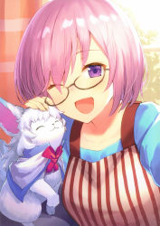 Rule 34 | 1girl, :3, ;d, ^ ^, absurdres, alternate costume, apron, black-framed eyewear, blue shirt, closed eyes, curtains, day, fate/grand order, fate (series), fou (fate), glasses, hair over one eye, haru (hiyori-kohal), headpat, highres, huge filesize, indoors, long sleeves, looking at viewer, mash kyrielight, one eye closed, open mouth, scan, shirt, short hair, smile, solo, upper body, window
