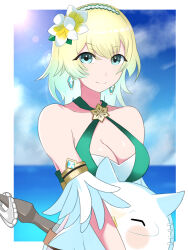 Rule 34 | 1girl, bare shoulders, blonde hair, blue eyes, breasts, cleavage, commentary, earrings, fire emblem, fire emblem heroes, fjorm (fire emblem), fjorm (summer) (fire emblem), flower, hair flower, hair ornament, highres, jewelry, looking at viewer, medium breasts, nintendo, official alternate costume, ondur, short hair, smile, solo, swimsuit, upper body