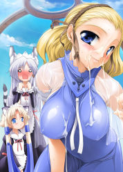 Rule 34 | 3girls, animal ear fluff, blonde hair, blue eyes, breasts, covered erect nipples, cum, cum on clothes, earrings, facial, hairband, head tilt, ishikei, jewelry, large breasts, multiple girls, see-through, striped tail, stud earrings, tail