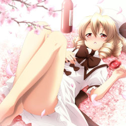Rule 34 | 1girl, :o, ahoge, bare legs, barefoot, blonde hair, blush, bottle, bow, cherry blossoms, convenient leg, cup, dress, drill hair, drunk, female focus, hat, legs, legs up, luna child, lying, no panties, on back, open mouth, petals, red eyes, sakazuki, short hair, solo, sui. (ayase), touhou