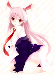 Rule 34 | 1girl, animal ears, bare shoulders, blazer, blush, breasts, cleavage, colorized, crescent, dress shirt, female focus, highres, jacket, kneeling, large breasts, long hair, looking at viewer, necktie, nikka (cryptomeria), no bra, off shoulder, open clothes, pink hair, pleated skirt, rabbit ears, rabbit girl, rabbit tail, red eyes, red necktie, reisen udongein inaba, shirt, skirt, solo, striped, striped background, tail, touhou, v arms, very long hair, yume shokunin