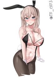 Rule 34 | 1girl, alternate costume, animal ears, bare shoulders, black pantyhose, blue eyes, blush, breasts, closed mouth, collarbone, commentary request, cowboy shot, cropped legs, fake animal ears, fake tail, gloves, graf zeppelin (kancolle), grey hair, hair between eyes, highres, kantai collection, large breasts, leotard, long hair, looking at viewer, meme attire, navel, one-hour drawing challenge, pantyhose, playboy bunny, simple background, solo, strapless, strapless leotard, tail, tf cafe, twintails, twitter username, white background, white gloves