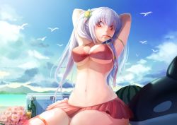 Rule 34 | 1girl, armband, arms behind head, arms up, bad id, bad pixiv id, bikini, bikini skirt, bird, blush, breasts, cloud, cooler, day, floatie, flotation aid, flower, food, fruit, hair flower, hair ornament, hokuto (hokuto pk), large breasts, long hair, mouth hold, navel, ocean, original, red eyes, sitting, sky, solo, swimsuit, underboob, watermelon, whale, white hair