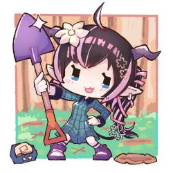 Rule 34 | 1girl, ahoge, alternate costume, black hair, blue dress, blue eyes, blush, breasts, chibi, collared dress, commentary request, demon girl, demon horns, demon tail, dress, earrings, fang, flower, full body, glint, grey horns, hair flower, hair ornament, hair ribbon, highres, holding, holding shovel, horns, jewelry, long hair, long sleeves, looking at viewer, multicolored hair, nanashi inc., oinomori may, one side up, open mouth, pink hair, pink ribbon, plaid, plaid dress, pointy ears, ribbon, shovel, single earring, skin fang, small breasts, smile, snail shell, solo, standing, tail, touki31249960, two-tone hair, virtual youtuber, white flower