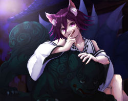 Rule 34 | 1boy, :d, alternate costume, animal ears, bare shoulders, building, collarbone, commentary request, covering own mouth, crossed legs, danganronpa (series), danganronpa v3: killing harmony, fox ears, fox tail, hair between eyes, hand over own mouth, index finger raised, japanese clothes, kimono, kitsune, kitsunebi v3kokonn, long sleeves, looking at viewer, male focus, oma kokichi, open mouth, outdoors, pale skin, purple eyes, purple hair, short hair, sitting, smile, solo, statue, sweatdrop, tail, teeth, upper teeth only, wide sleeves