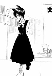 Rule 34 | 1girl, animal ears, ankle boots, arms behind back, book, boots, cat ears, dress, greyscale, library, long skirt, monochrome, neck ribbon, original, ribbon, shirt, short hair, skirt, smile, solo, takano saki, walking
