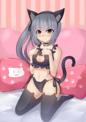 Rule 34 | 10s, 1girl, :&lt;, alternate costume, animal ears, bell, black panties, black thighhighs, blush, bow, breasts, brown eyes, cat ears, cat lingerie, cat tail, choker, cleavage, cleavage cutout, clothing cutout, fake animal ears, full body, hair bow, hair ribbon, hairband, highres, kantai collection, kasumi (kancolle), kneeling, kuronekozero, looking at viewer, meme attire, navel, panties, ribbon, side-tie panties, side ponytail, silver hair, small breasts, solo, tail, tears, thighhighs, underwear, underwear only