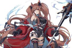 Rule 34 | 1girl, angelina (arknights), angelina (distinguished visitor) (arknights), animal ears, arknights, bare shoulders, belt, black choker, black gloves, black legwear, black leotard, breasts, brown hair, choker, coat, commentary request, fox ears, gloves, hairband, highres, holding, holding staff, infection monitor (arknights), leotard, long hair, long sleeves, looking at viewer, medium breasts, off shoulder, official alternate costume, open clothes, open coat, originium arts (arknights), parted lips, red coat, red eyes, red hairband, simple background, solo, staff, thigh strap, thighs, very long hair, white background, white belt, zranin