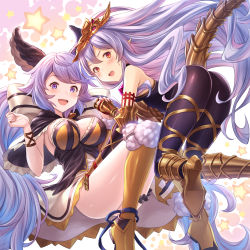 Rule 34 | 2girls, :d, animal ears, armor, ass, bare shoulders, black capelet, blush, bodysuit, boots, breastplate, breasts, bridal garter, capelet, cleavage, elbow gloves, frills, fur trim, gloves, granblue fantasy, hair between eyes, hair ribbon, hand on another&#039;s thigh, headpiece, highres, interlocked fingers, large breasts, light purple hair, long hair, looking at viewer, low twintails, medusa (shingeki no bahamut), multiple girls, open mouth, pointy ears, purple eyes, purple hair, red eyes, ribbon, satyr (granblue fantasy), smile, star (symbol), tail, tomo (tmtm mf mf), twintails, very long hair