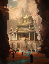 Rule 34 | architecture, building, canyon, cliff, column, concept art, day, desert, east asian architecture, fantasy, field, highres, hill, lake, landscape, mountain, original, outdoors, pillar, river, rock, scenery, shrine, stairs, temple, valley, yutaabeshimpo