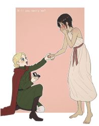 Rule 34 | 2girls, backless dress, backless outfit, bad id, bad pixiv id, black hair, blonde hair, blue eyes, blush, brown hair, cape, coat, covered mouth, dress, freckles, happy, highres, holding hands, jacket, jewelry, kneeling, krista lenz, long hair, marriage proposal, medium hair, military, military uniform, multiple girls, on one knee, pi0w0pi, ring, shingeki no kyojin, short hair, smile, uniform, ymir (shingeki no kyojin), yuri