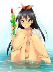 Rule 34 | 1girl, anus, barefoot, black hair, blue eyes, blush, bottomless, breasts, cleft of venus, feet, female pubic hair, ganaha hibiki, grin, highres, idolmaster, idolmaster (classic), kaiga, long hair, long legs, partially submerged, ponytail, pubic hair, pussy, sitting, smile, soles, solo, toes, uncensored, undressing, water, water gun, wet