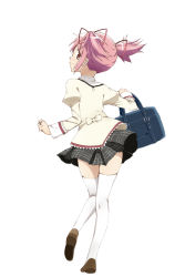 Rule 34 | 10s, 1girl, bag, female focus, from behind, full body, hair ribbon, highres, kaname madoka, kinfuji, mahou shoujo madoka magica, mahou shoujo madoka magica (anime), official style, pink eyes, pink hair, ribbon, school uniform, short hair, short twintails, simple background, skirt, solo, thighhighs, twintails, uniform, white background, white thighhighs