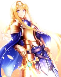 Rule 34 | 1girl, absurdres, alice zuberg, armor, armored dress, blonde hair, blue cape, blue eyes, boa sorte, bow, braid, braided ponytail, cape, closed mouth, cowboy shot, dutch angle, floating hair, gauntlets, glowing, gold armor, hair between eyes, hair bow, hand on own hip, highres, long hair, looking at viewer, pauldrons, ponytail, shoulder armor, sidelocks, simple background, solo, standing, sword, sword art online, sword art online: alicization, very long hair, weapon, white background, white bow