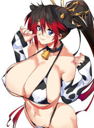 Rule 34 | 1girl, animal ears, animal print, bell, bikini, black choker, black hair, blue eyes, breasts, chinese zodiac, choker, cleavage, covered erect nipples, cow ears, cow print, detached sleeves, duplicate, fake animal ears, from above, hair between eyes, highres, horns, large breasts, long hair, nail polish, nanbu kaguya, neck bell, negresco, pink nails, ponytail, smile, solo, super robot wars, super robot wars og saga mugen no frontier, swimsuit, white background, year of the ox