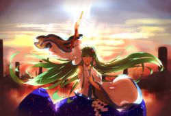 Rule 34 | 1girl, absurdres, arm up, armpits, blue skirt, cityscape, cloud, congming lan, cowboy shot, detached sleeves, floating hair, frog hair ornament, gohei, green eyes, green hair, hair ornament, hair tubes, highres, holding, japanese clothes, kochiya sanae, long hair, looking at viewer, matching hair/eyes, miko, open mouth, pillar, shide, skirt, sky, snake hair ornament, solo, sunset, touhou, very long hair, vest, white vest, wide sleeves