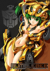 Rule 34 | 1girl, autobot, breasts, bumblebee, chevrolet, cleavage, gender request, genderswap, green eyes, green hair, jewelry, matching hair/eyes, mecha musume, necklace, personification, solo, transformers