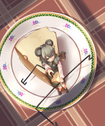 Rule 34 | 1girl, animal ears, basket, cheese, feeding, female focus, food, foreshortening, grey hair, highres, incoming food, jewelry, mini person, minigirl, mouse ears, mouse tail, nazrin, pendant, plate, pov feeding, sitting, solo, sue sgr u, tail, touhou