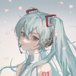 Rule 34 | 1girl, bare shoulders, blue background, blue eyes, blue hair, blue necktie, cherry blossoms, collared shirt, falling petals, gradient background, hatsune miku, head tilt, headset, highres, light smile, long hair, looking at viewer, looking to the side, necktie, pamafff, petals, portrait, shirt, solo, tattoo, twintails, vocaloid, white background, white shirt