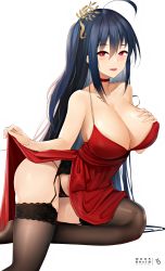Rule 34 | 1girl, ahoge, alternate hairstyle, armpit crease, ass, azur lane, bare shoulders, black garter belt, black hair, black panties, black thighhighs, blush, breasts, choker, cleavage, clothes lift, cocktail dress, collarbone, commentary request, dated, dress, dress lift, garter belt, garter straps, hair between eyes, hair ornament, halterneck, hand on own chest, highres, huge breasts, knee up, lace, lace panties, large breasts, leaning forward, lifting own clothes, long hair, looking at viewer, nail polish, official alternate costume, one side up, open mouth, panties, red choker, red dress, red eyes, revision, sidelocks, signature, simple background, skindentation, smile, solo, strap slip, taihou (azur lane), taihou (forbidden feast) (azur lane), thighhighs, thighs, underwear, very long hair, white background, white nails, yueguang zhanglang