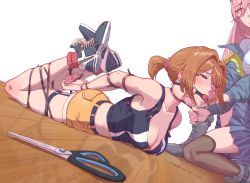 Rule 34 | 2girls, asphyxiation, bdsm, blue footwear, bondage, bound, breasts, cable tie, commission, full body, girls&#039; frontline, grizzly mkv (girls&#039; frontline), grizzly mkv (weekend cop) (girls&#039; frontline), hair ornament, hair scrunchie, highres, leveen, medium breasts, multiple girls, official alternate costume, peril, purple eyes, restrained, scissors, scrunchie, second-party source, short hair, short ponytail, short shorts, shorts, sig mcx (girls&#039; frontline), skindentation, tank top, thigh strap, v-shaped eyebrows, yellow shorts