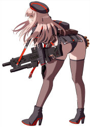 Rule 34 | 1girl, ass, assault rifle, beret, black gloves, black jacket, black thighhighs, brown hair, from behind, gloves, goddess of victory: nikke, gun, hat, high heels, highres, holster, jacket, long hair, military, military uniform, parted lips, rapi (nikke), red eyes, rifle, simple background, solo, star (symbol), thighhighs, uniform, weapon, white background, yagi2013