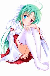 Rule 34 | 1girl, ahoge, bashen chenyue, blue eyes, blush, closed mouth, fingernails, green eyes, hair between eyes, hakama, hakama skirt, half updo, hand on own knee, head tilt, heterochromia, highres, japanese clothes, long hair, long sleeves, looking at viewer, miko, no shoes, original, parted bangs, purple eyes, purple footwear, red hakama, ribbon-trimmed legwear, ribbon-trimmed sleeves, ribbon trim, sandals, sidelocks, simple background, sitting, skirt, sleeves past wrists, smile, soles, solo, thighhighs, very long hair, white background, white thighhighs, wide sleeves, zouri