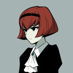 Rule 34 | 1girl, android, bob cut, expressionless, grey background, hairband, ishiyumi, pale skin, r dorothy wayneright, red hair, short hair, simple background, solo, the big o, upper body
