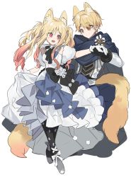 Rule 34 | 1boy, 1girl, absurdres, animal ear fluff, animal ears, black bow, black bowtie, black gloves, black pantyhose, blonde hair, blue cape, bow, bowtie, brother and sister, cape, chu yeon, closed mouth, colored tips, dress, dress bow, eye contact, fox ears, fur shawl, gloves, grey footwear, highres, kaitou shinshi no harahara!? white day (project sekai), kemonomimi mode, long hair, long sleeves, looking at another, multicolored hair, open mouth, pantyhose, pink eyes, project sekai, shawl, shirt, shoes, siblings, sleeveless, sleeveless dress, smile, tenma saki, tenma tsukasa, white bow, white dress, white gloves, white shirt, yellow eyes