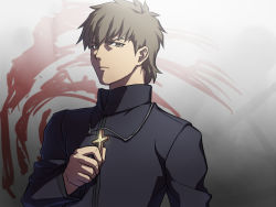 Rule 34 | 1boy, brown eyes, brown hair, command spell, cross, cross necklace, fate/zero, fate (series), jewelry, kotomine kirei, male focus, necklace, short hair, solo, yuuno (hack y)