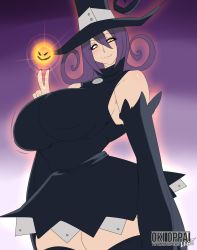 Rule 34 | 1girl, artist name, bare shoulders, blair (soul eater), blush, breasts, detached sleeves, hat, highres, large breasts, looking at viewer, okioppai, purple hair, smile, solo, soul eater, thighs, v, witch hat, yellow eyes