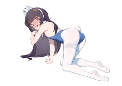 Rule 34 | 1girl, @ @, absurdres, ahoge, all fours, areola slip, ass, black hair, blue archive, blue leotard, blush, female focus, full-face blush, full body, highres, leaf, leaf on head, leotard, long hair, looking at viewer, miyu (blue archive), nijiko uro, no shoes, open mouth, pantyhose, rabbit tail, red eyes, simple background, solo, tail, thighs, white background, white pantyhose