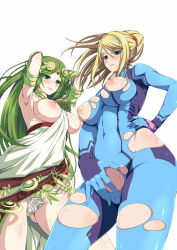 Rule 34 | 2girls, armpits, arms up, bare shoulders, blonde hair, blue eyes, blush, bodysuit, bow, bow panties, breasts, breasts out, circlet, covered navel, female focus, green eyes, green hair, hair ornament, highres, inverted nipples, jewelry, kid icarus, lace, lace panties, large breasts, long hair, metroid, morimoto kiyona, multiple girls, necklace, nintendo, nipples, palutena, panties, ponytail, samus aran, scrunchie, simple background, super smash bros., sweat, tiara, torn bodysuit, torn clothes, underwear, white background, white panties, zero suit