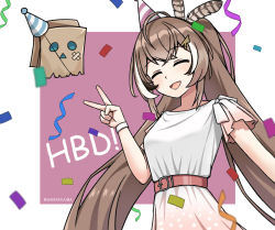 Rule 34 | 1girl, :d, ahoge, alternate costume, armband, belt, brown hair, closed eyes, confetti, dress, feather hair ornament, feathers, friend (nanashi mumei), hair ornament, hairclip, happy birthday, hat, highres, hololive, hololive english, long hair, multicolored hair, nanashi mumei, open mouth, party hat, ponytail, shiraiyuuma, smile, streaked hair, sundress, v, very long hair, virtual youtuber