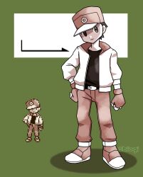 Rule 34 | 1boy, artist name, belt, belt buckle, black belt, buckle, closed mouth, commentary request, creatures (company), fingerless gloves, full body, game freak, gloves, green background, hand on own hip, hat, highres, jacket, male focus, nintendo, open clothes, open jacket, pants, pokemon, pokemon rgby, red (pokemon), shiogi (riza 49), shoes, short hair, sprite, standing, white jacket, zipper