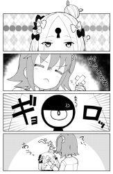 Rule 34 | &gt; &lt;, 2girls, 4koma, :&lt;, = =, abigail williams (fate), anger vein, bad id, bad pixiv id, bandaid, bandaid on face, bandaid on forehead, bow, chaldea uniform, closed eyes, closed mouth, comic, commentary request, crossed bandaids, engiyoshi, fate/grand order, fate (series), fujimaru ritsuka (female), greyscale, hair bow, hair bun, hair ornament, hair scrunchie, highres, holding, looking at viewer, mitsume ga tooru, monochrome, multiple girls, multiple hair bows, one side up, parted bangs, parted lips, polka dot, polka dot bow, scrunchie, single hair bun, tears, translation request, triangle mouth, uniform