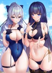 Rule 34 | 2girls, bare shoulders, beach, bikini, black bikini, black gloves, blue bow, blue eyes, blue one-piece swimsuit, blue sky, blunt bangs, blush, bound, bound together, bound wrists, bow, breasts, bronya zaychik, bronya zaychik (silverwing: n-ex), brown legwear, candy, casual one-piece swimsuit, cleavage, cleavage cutout, closed mouth, clothing cutout, cloud, commentary request, covered navel, cowboy shot, crossed bangs, cuffs, day, drill hair, food, food in mouth, front-tie bikini top, front-tie top, gloves, gluteal fold, grey eyes, grey hair, groin, hair between eyes, hair bow, hair ribbon, half gloves, hand on own chest, hands up, heart cutout, highres, honkai (series), honkai impact 3rd, hood, hooded jacket, horizon, jacket, large breasts, lollipop, long hair, looking at viewer, multi-strapped bikini, multicolored eyes, multiple girls, navel, ocean, one-piece swimsuit, open clothes, open jacket, outdoors, ponytail, purple eyes, purple hair, raiden mei, raised eyebrows, reaching, reaching towards viewer, ribbon, short sleeves, side-by-side, side-tie bikini bottom, skindentation, sky, smile, sparkle, standing, stomach, swimsuit, thigh gap, thigh strap, thighhighs, thighs, underboob, unzipped, very long hair, white jacket, white ribbon, xfate, yellow bow, zipper, zipper pull tab