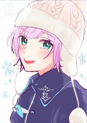 Rule 34 | 1girl, :d, beanie, black jacket, blue eyes, blush, collared jacket, hat, heart, highres, jacket, nijisanji, open mouth, pink hair, simple background, smile, snowflake background, solo, teeth, tsumetsume zerii, upper body, upper teeth only, virtual youtuber, white background, white hat, yuuhi riri, yuuhi riri (3rd costume)