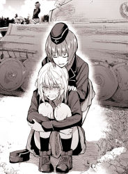 Rule 34 | 10s, 3girls, bad id, bad pixiv id, bonkara (sokuseki maou), chin rest, closed eyes, commentary request, crying, crying with eyes open, eyebrows, garrison cap, girls und panzer, grass, hand on another&#039;s shoulder, hat, unworn hat, head on head, head rest, unworn headwear, hugging own legs, itsumi erika, jacket, kneeling, military, military hat, military uniform, military vehicle, monochrome, motor vehicle, multiple girls, nishizumi maho, nishizumi miho, on ground, open mouth, pleated skirt, rock, shirt, skirt, smile, streaming tears, tank, tears, tree, uniform