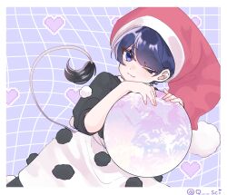 Rule 34 | 1girl, :3, blue background, blue eyes, blue hair, border, closed mouth, doremy sweet, dress, grid background, hat, heart, heart background, highres, leaning on object, looking at viewer, nightcap, one-hour drawing challenge, one eye closed, orb, pom pom (clothes), red hat, short hair, short sleeves, smile, solo, tail, tail raised, tapir tail, touhou, twitter username, white border, yoshino (q sci)