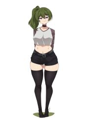 Rule 34 | 1girl, alternate costume, belt, breasts, casual, choker, contemporary, crop top, crop top overhang, full body, green hair, hair between eyes, highres, long hair, looking at viewer, navel, no shoes, purple eyes, ryou sakai, shorts, side ponytail, smile, solo, sousou no frieren, standing, stomach, thick thighs, thighhighs, thighs, ubel (sousou no frieren)