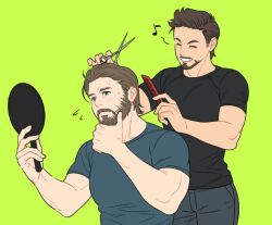 Rule 34 | 2boys, animification, avengers: infinity war, avengers (series), beard, black shirt, blue eyes, blue shirt, brown hair, closed eyes, closed mouth, commentary request, facial hair, flying sweatdrops, green background, grey pants, hair brush, hands up, holding, holding hair brush, holding mirror, holding scissors, looking at mirror, male focus, marvel, marvel cinematic universe, mirror, multiple boys, muscular, muscular male, musical note, pants, scissors, shirt, short hair, short sleeves, simple background, sitting, smile, standing, steve rogers, sweat, t-shirt, teeth, tony stark, yukko93