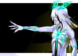Rule 34 | 1boy, arrancar, aura, black wings, bleach, border, colored sclera, colored skin, feathered wings, fire, from side, glowing, glowing horns, glowing markings, highres, hogyoku (bleach), horns, korean commentary, male focus, n (nauki 11), outstretched hand, ulquiorra cifer, upper body, white border, white hair, white skin, wings, yellow sclera
