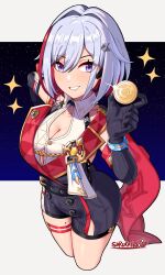 Rule 34 | 1girl, absurdres, black gloves, blue eyes, breasts, buttons, cleavage, cleavage cutout, clothing cutout, coin, colored inner hair, detached sleeves, gloves, grey hair, hair ornament, highres, holding, holding coin, honkai: star rail, honkai (series), large breasts, looking at viewer, multicolored hair, red hair, sarukaiwolf, short hair, shorts, smile, solo, split-color hair, topaz (honkai: star rail), two-tone hair