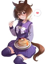 Rule 34 | 1girl, :p, absurdres, agnes tachyon (umamusume), ahoge, animal ears, blush, bow, breasts, brown hair, carrot, closed mouth, collarbone, commentary request, etesumsom, fork, frilled skirt, frills, hair between eyes, heart, highres, holding, holding fork, holding plate, horse ears, horse girl, horse tail, looking at viewer, medium breasts, plate, pleated skirt, purple shirt, purple skirt, purple thighhighs, red eyes, shirt, simple background, sitting, skirt, smile, solo, spoken heart, tail, thighhighs, tongue, tongue out, umamusume, white background, white bow, yokozuwari